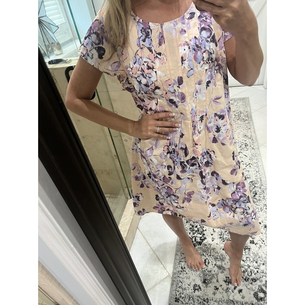 J. Jill Love Linen Floral Shift Dress Peach Purple Cap Sleeve Large L